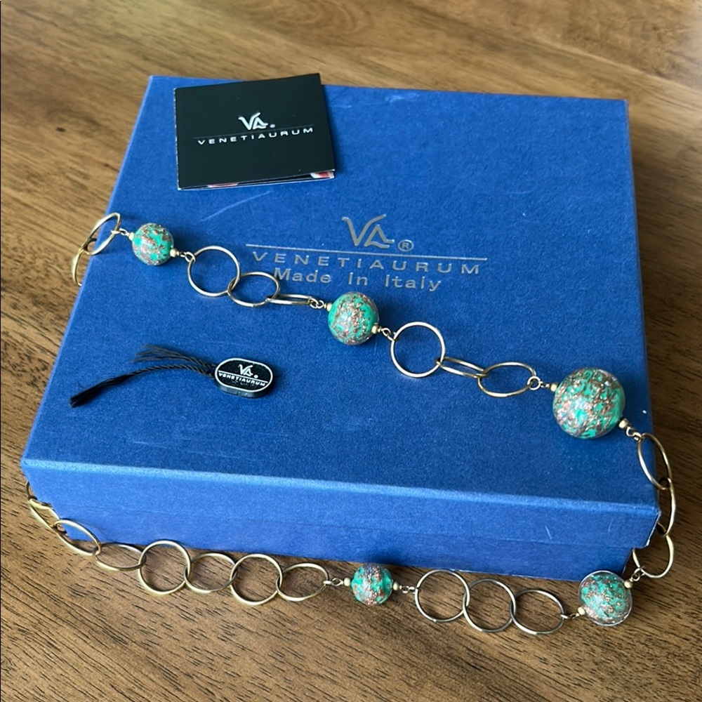 Venetiaurum Gold links and Green glass bead Necklace
